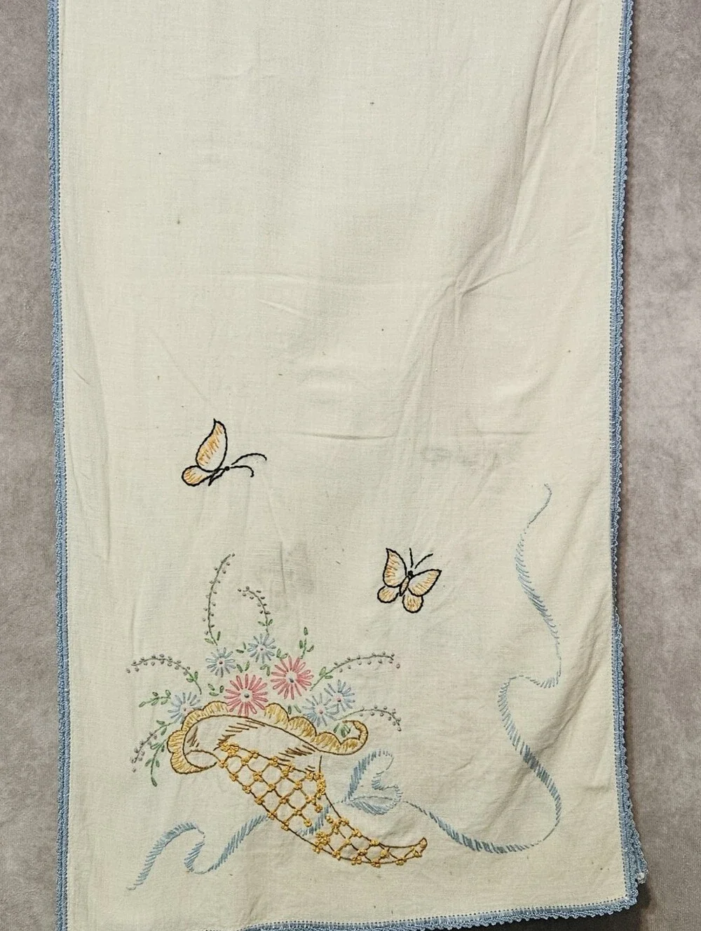 Vintage Embroidered Table Runner Cornucopia Butterflies Floral Blue Crochet Edge